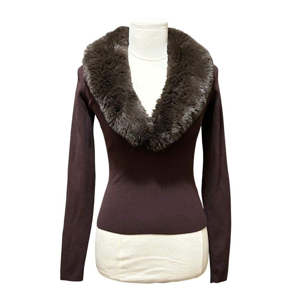 MESHKI Maeve Faux Fur Trim Women's Dark Brown Long Sleeve Size S New with Tags - Picture 3 of 13